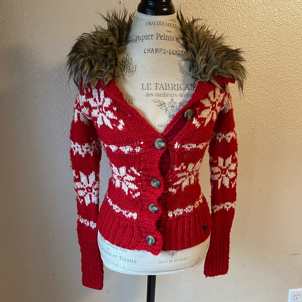 Abercrombie kids red and white faux fur sweater